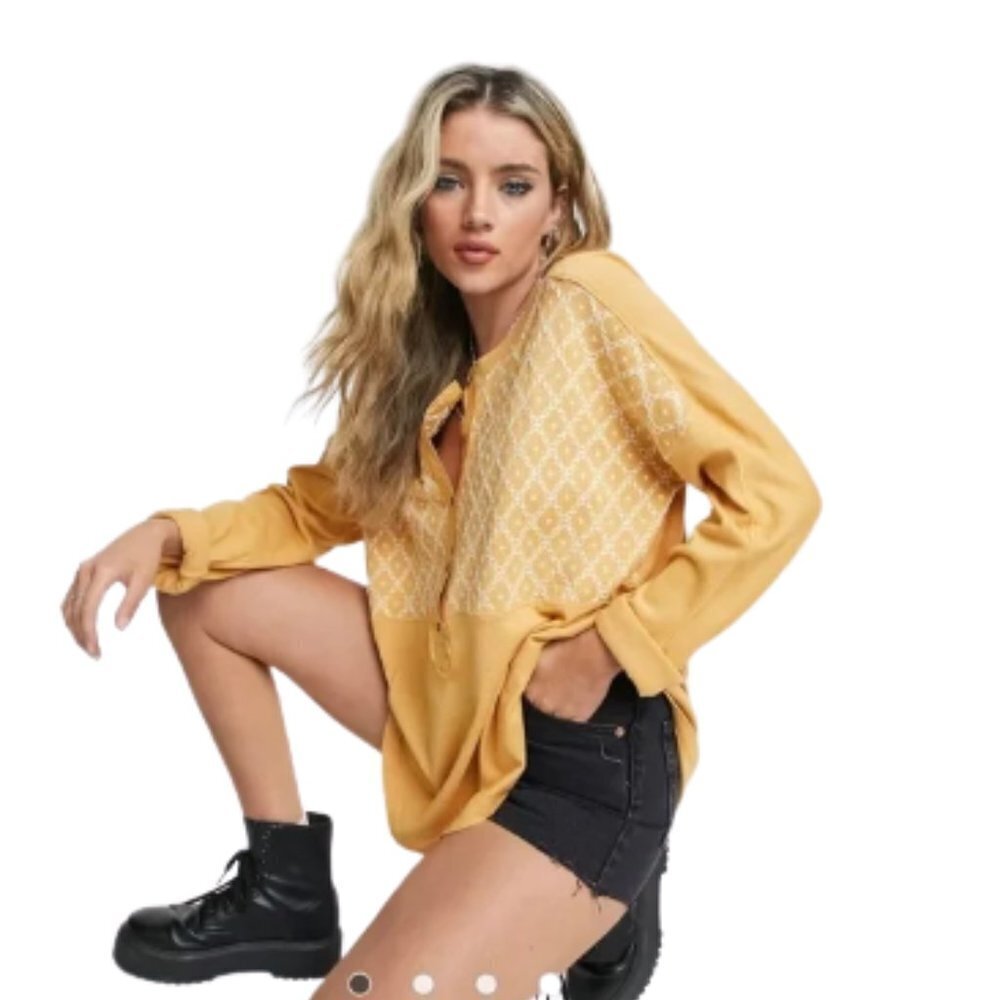Free People We The Free Mustard Embroidered Henley Tunic XS Boho Oversized Top